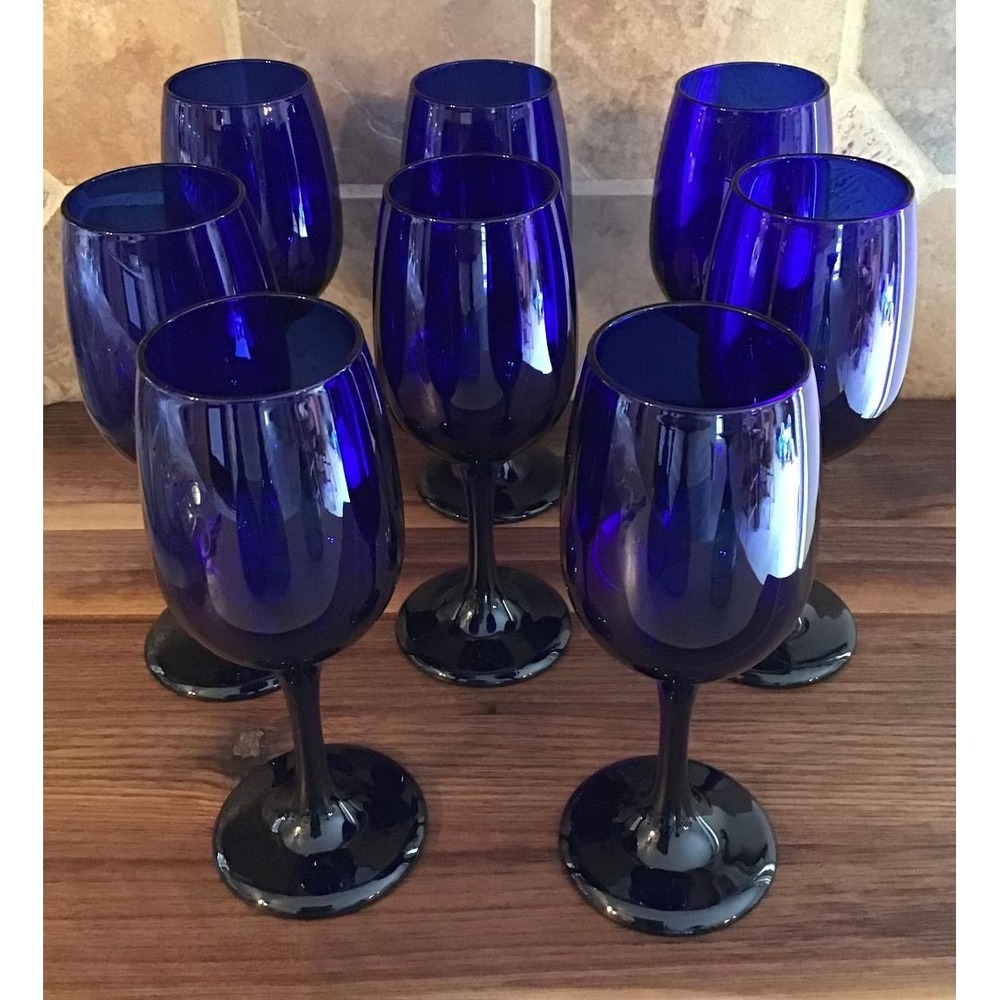 Vintage Libbey Cobalt Blue Wine Glasses Stemware 7" Set of 8 Mid Century Modern